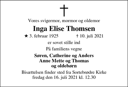 Dødsannoncen for Inga Elise Thomsen - Viborg