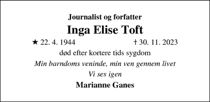 Dødsannoncen for Inga Elise Toft - Roskilde