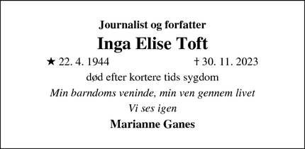 Dødsannoncen for Inga Elise Toft - Roskilde