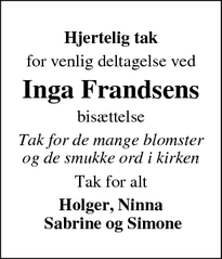 Dødsannoncen for Inga Frandsens  - Hammel