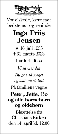 Dødsannoncen for Inga Friis
Jensen - Sønderborg