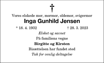 Dødsannoncen for Inga Gunhild Jensen - Nykøbing Falster 