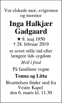 Dødsannoncen for Inga Halkjær Gadgaard - Horsens