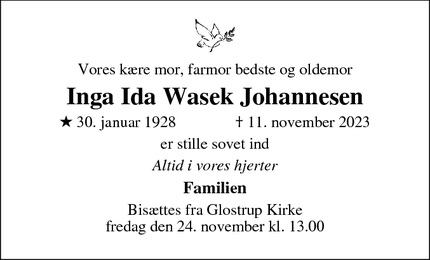 Dødsannoncen for Inga Ida Wasek Johannesen - VALBY