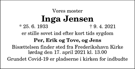 Dødsannoncen for Inga Jensen - Frederikshavn