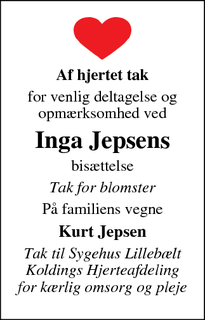 Taksigelsen for Inga Jepsen - 6091 Sdr.Bjert