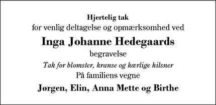 Taksigelsen for Inga Johanne Hedegaards - Ilskov