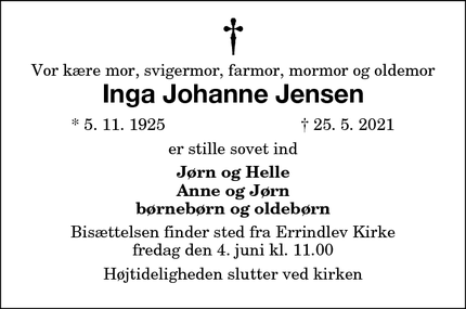 Dødsannoncen for Inga Johanne Jensen - Errindlev