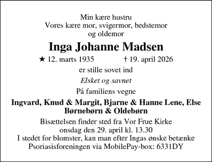 Dødsannoncen for Inga Johanne Madsen - Spøttrup