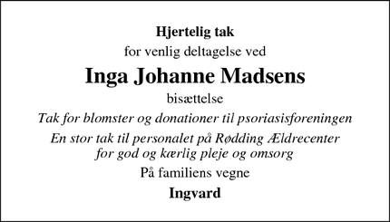 Taksigelsen for Inga Johanne Madsen - Spøttrup