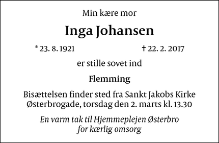 Dødsannoncen for Inga Johansen - København