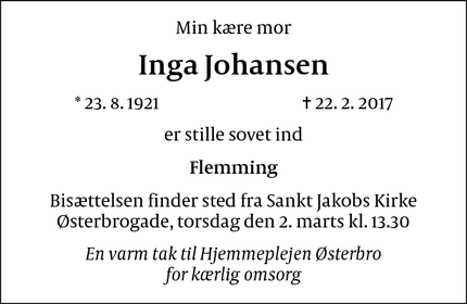 Dødsannoncen for Inga Johansen - København
