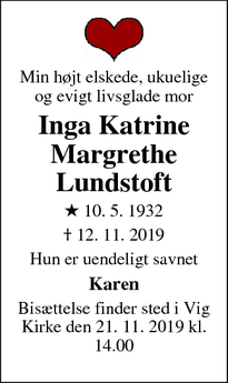 Dødsannoncen for Inga Katrine Margrethe Lundstoft - Vig