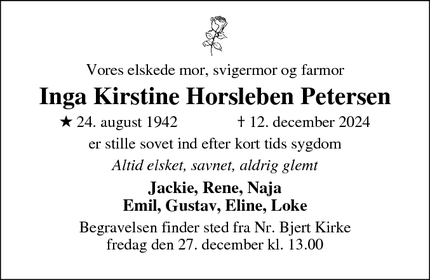 Dødsannoncen for Inga Kirstine Horsleben Petersen - Kolding