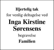 Taksigelsen for Inga Kirstine
Sørensens - Vodskov