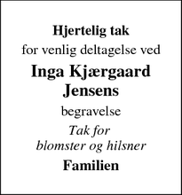 Taksigelsen for Inga Kjærgaard Jensens - Veksø Sjælland