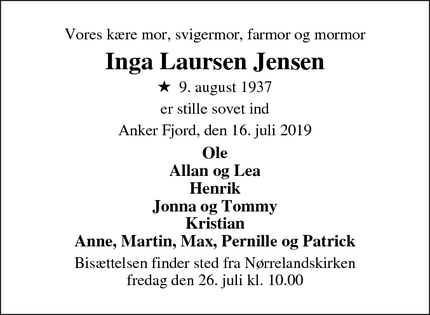 Dødsannoncen for Inga Laursen Jensen - Holstebro