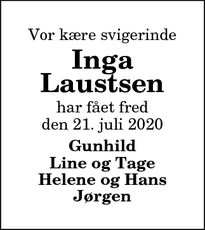 Dødsannoncen for Inga Laustsen - Ø. Jølby