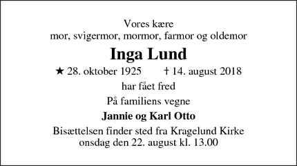 Dødsannoncen for Inga Lund - Aalborg