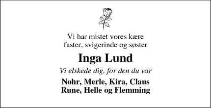 Dødsannoncen for Inga Lund - Randers