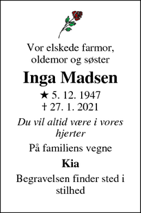 Dødsannoncen for Inga Madsen - Køge