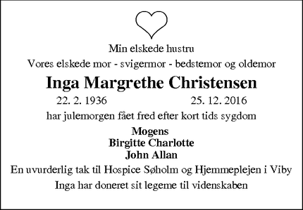 Dødsannoncen for Inga Margrethe Christensen - Viby