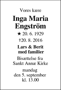 Dødsannoncen for Inga Maria Engström - Odense