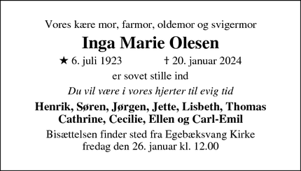 Dødsannoncen for Inga Marie Olesen - Snekkersten