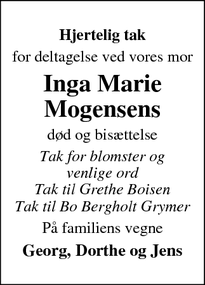 Taksigelsen for Inga Marie
Mogensen - Vojens