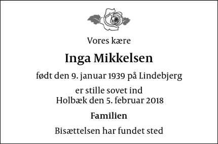 Dødsannoncen for Inga Mikkelsen - København