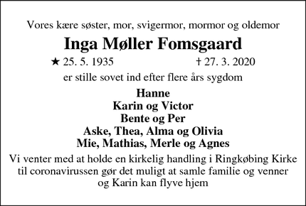 Dødsannoncen for Inga Møller Fomsgaard - Ringkøbing