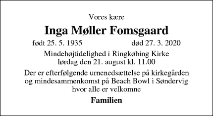 Dødsannoncen for Inga Møller Fomsgaard - Ringkøbing