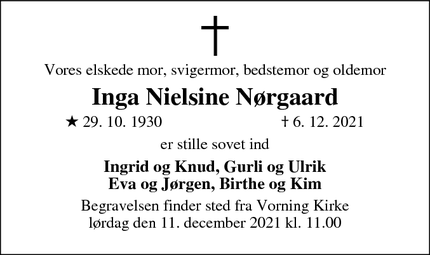 Dødsannoncen for Inga Nielsine Nørgaard - Vorning