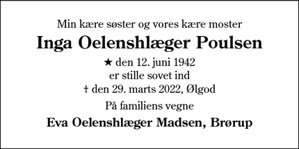Dødsannoncen for Inga Oelenshlæger Poulsen - Ølgod