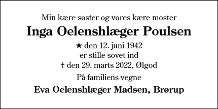 Dødsannoncen for Inga Oelenshlæger Poulsen - Ølgod