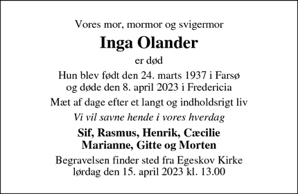 Dødsannoncen for Inga Olander - Fredericia