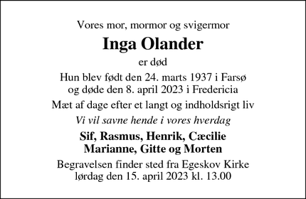 Dødsannoncen for Inga Olander - Fredericia