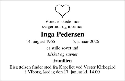 Dødsannoncen for Inga Pedersen - Viborg