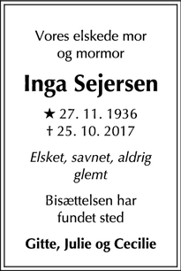 Dødsannoncen for Inga Sejersen - Frederiksberg