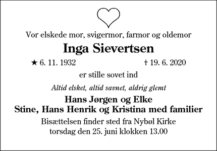 Dødsannoncen for Inga Sievertsen - Nybøl (Sønderborg)