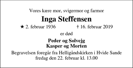 Dødsannoncen for Inga Steffensen - Hvide Sande 