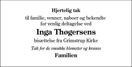 Taksigelsen for Inga Thøgersens - Ribe