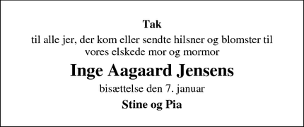 Taksigelsen for Inge Aagaard Jensens - Helsinge