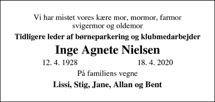 Dødsannoncen for INGE AGNETE NIELSEN - Ballerup