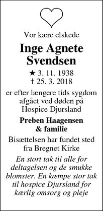 Dødsannoncen for Inge Agnete Svendsen - Rønde