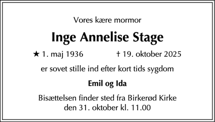 Dødsannoncen for Inge Annelise Stage - Birkerød