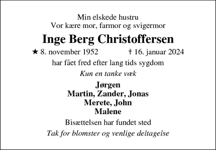 Dødsannoncen for Inge Berg Christoffersen - Karise