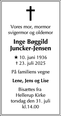 Dødsannoncen for Inge Bøggild
Juncker-Jensen - Gentofte