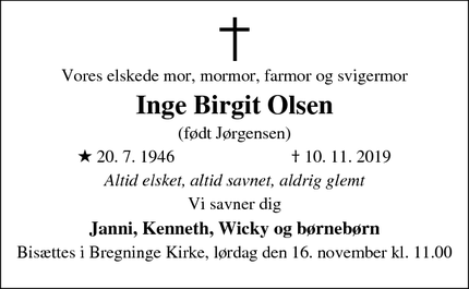 Dødsannoncen for Inge Birgit Olsen - Tåsinge