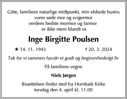 Dødsannoncen for Inge Birgitte Poulsen - Dronningmølle